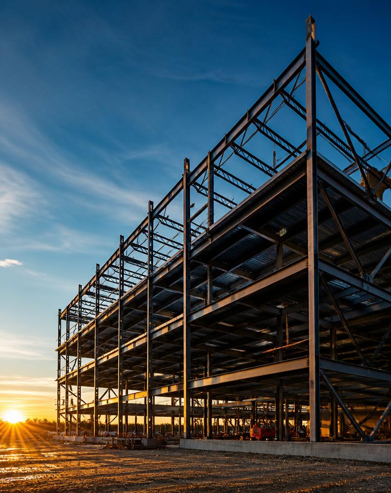 Structural steel framing on a commercial jobsite at sunset